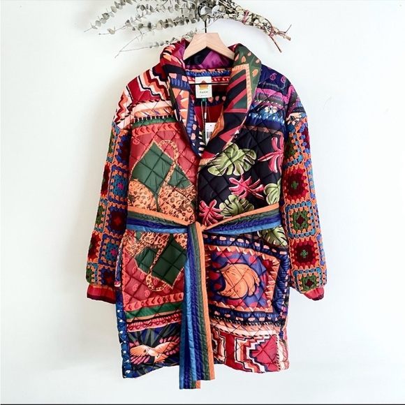 FARM Rio Jackets & Blazers - FARM RIO Patchwork Tapestry Crochet-Sleeve Puffer Jacket Coat Small NWT
